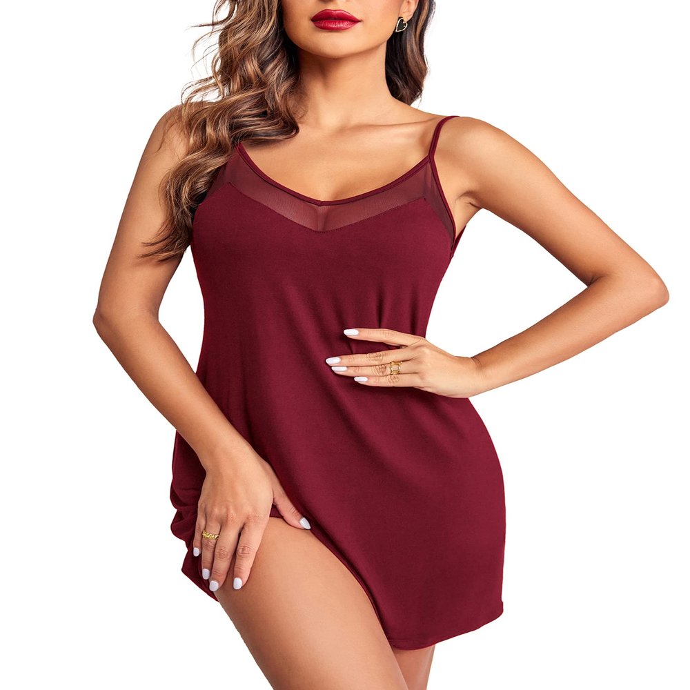 Ekouaer Nightgowns for Women Mesh V Neck Tank Chemise Sleeveless Sleepwear Silp Nighty Dress Spaghetti Strap Babydoll Lingerie, Red, X-Large
