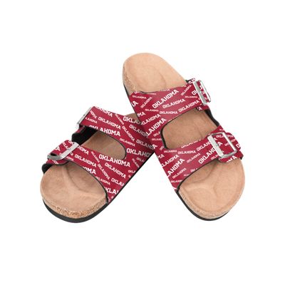 FOCO NCAA Oklahoma Sooners Women's Mini Print Wordmark Adjustable Double Buckle Straps Sandals, Team Color, XL (11-12)