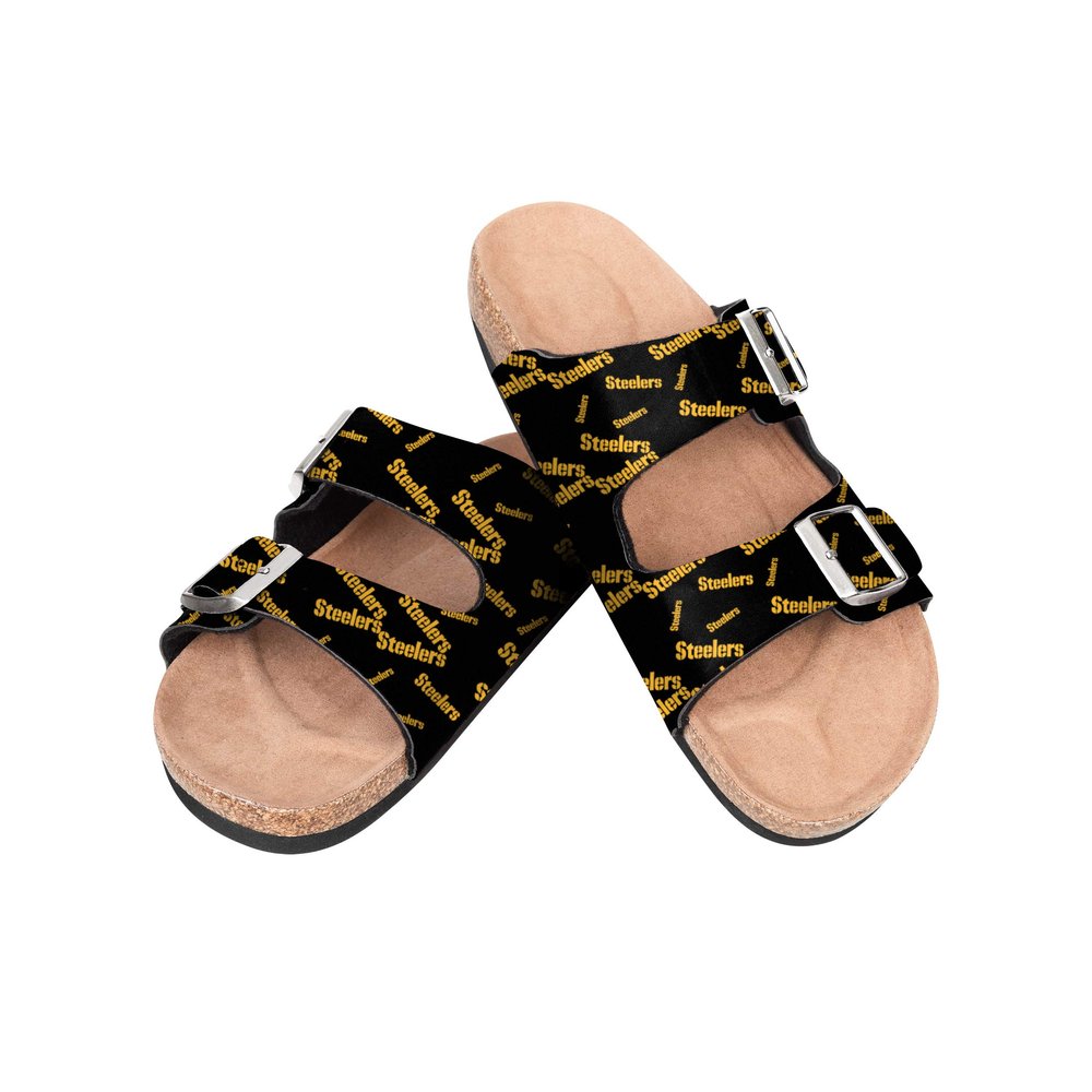 FOCO NFL Pittsburgh Steelers Women's Mini Print Wordmark Adjustable Double Buckle Straps Sandals, Team Color, XL (11-12)