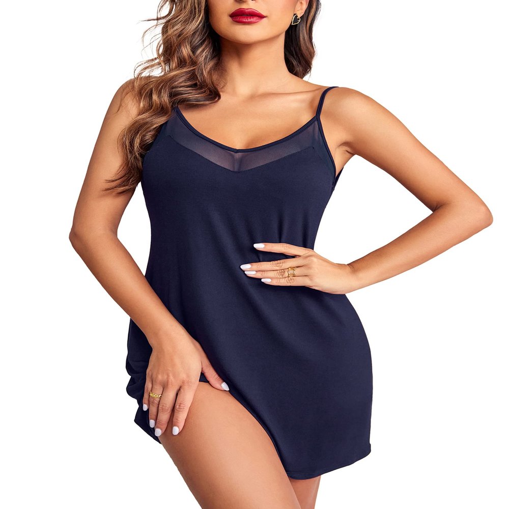 Ekouaer Nightgowns for Women Mesh V Neck Tank Chemise Sleeveless Sleepwear Silp Nighty Dress Spaghetti Strap Babydoll Lingerie, Navy, X-Large