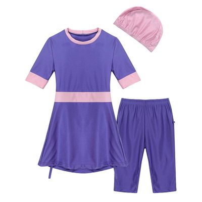 Alvivi 3PCS Kids Girls Short Sleeve Hijab Burkini Tankini with Shorts Cap Modest Swimwear Rash Guard Bathing Suit Purple 18-24 Months