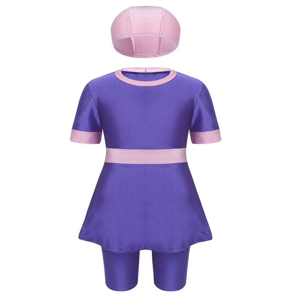 Freebily Kids Girls 3PCS Full Over Muslim Burkini Swimsuit Short Sleeves Rashguard Top Shorts Swimming Cap Set Swimwear Purple 18-24 Months
