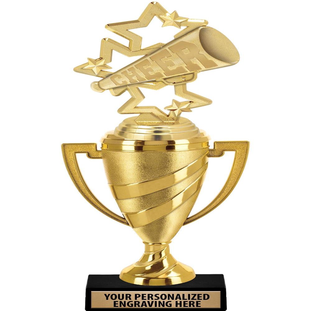 Crown Awards Cheerleading Trophy, 14" Gold Cup Cheer Megaphone Trophies with Free Personalization, 5 Pack