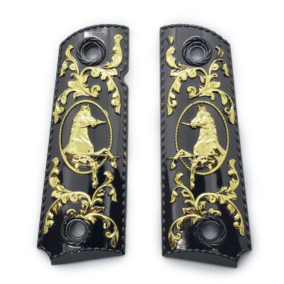 1911 Grips Full Size for Colt Rock Island Springfield Taurus & Clones Black Gold Finish, fits Standard Government Models, Rampant Design, Ambi Safety Cut