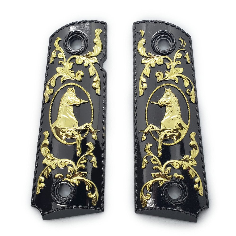 1911 Grips Full Size for Colt Rock Island Springfield Taurus & Clones Black Gold Finish, fits Standard Government Models, Rampant Design, Ambi Safety Cut