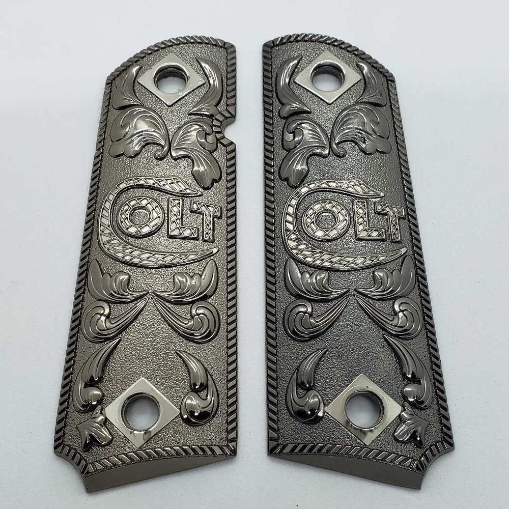 Compatible with Colt 1911 1911 Custom Grips 1911 Full Size Metal Grips Ambi Cut Scroll Black Nickel