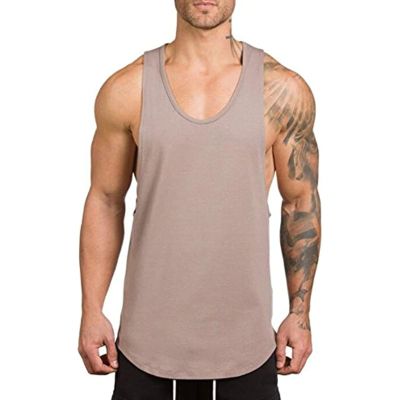 ZUEVI Men's Muscular Cut Open Sides Tank Tops Bodybuilding T-Shirts (Khaki-XL)