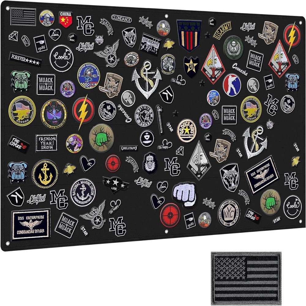 IronSeals Tactical Board Patch Organizer Holder Display with Loop Surface, Steel Ring and Flag Patch (L: 110 x 70 CM/ 43" x 27.5", Black + Flag Patch)