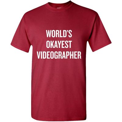realpeoplegoods Videographer Gift - Filmmaker Shirt - Videographer Unisex Tee - Movie Maker - World's Okayest Videographer Crimson
