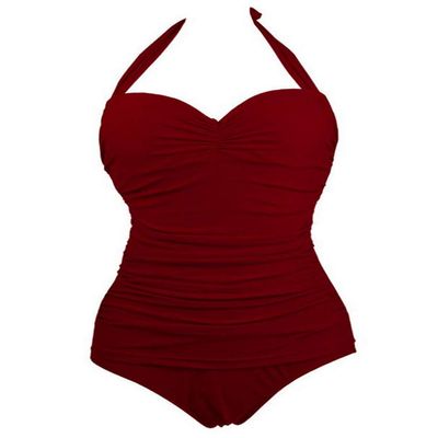 Honeystore Women's Skull Non-Split Swimsuit Halter Beach Swimwear Bathing Suit YY1090-Burgundy L