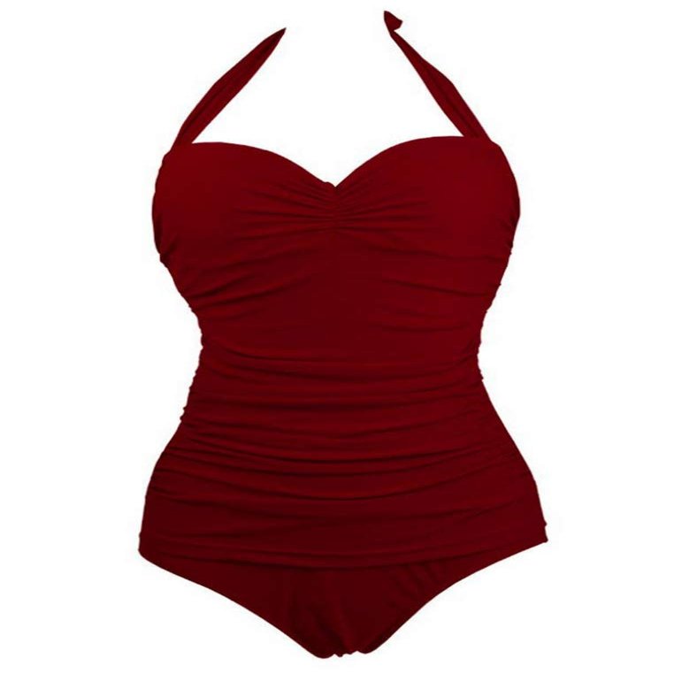 Honeystore Women's Skull Non-Split Swimsuit Halter Beach Swimwear Bathing Suit YY1090-Burgundy L