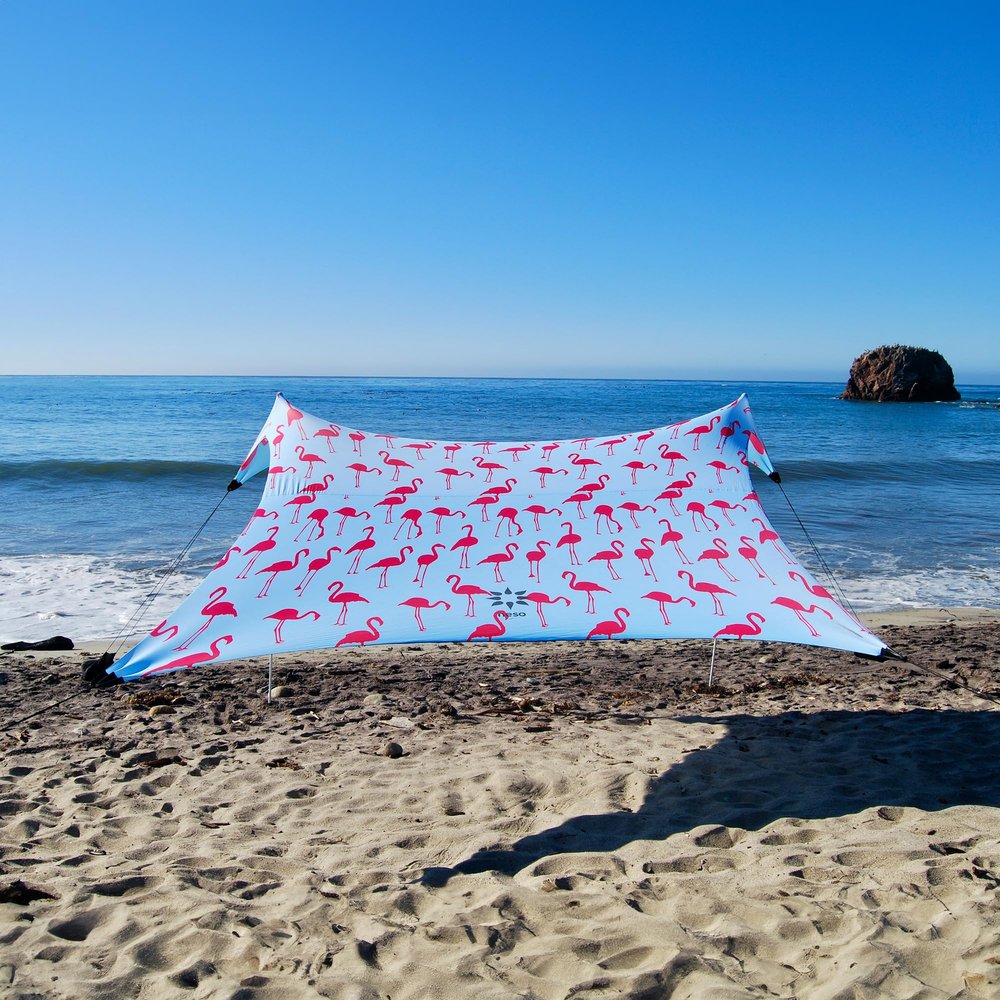 Neso Gigante Portable Beach Tent Sun Shelter - Lightweight Beach Shade Canopy - Easy Setup for Family Outings - Patented Reinforced Corners - UPF 50+ Sun Protection - 8ft Tall, 11 x 11ft - Flamingos