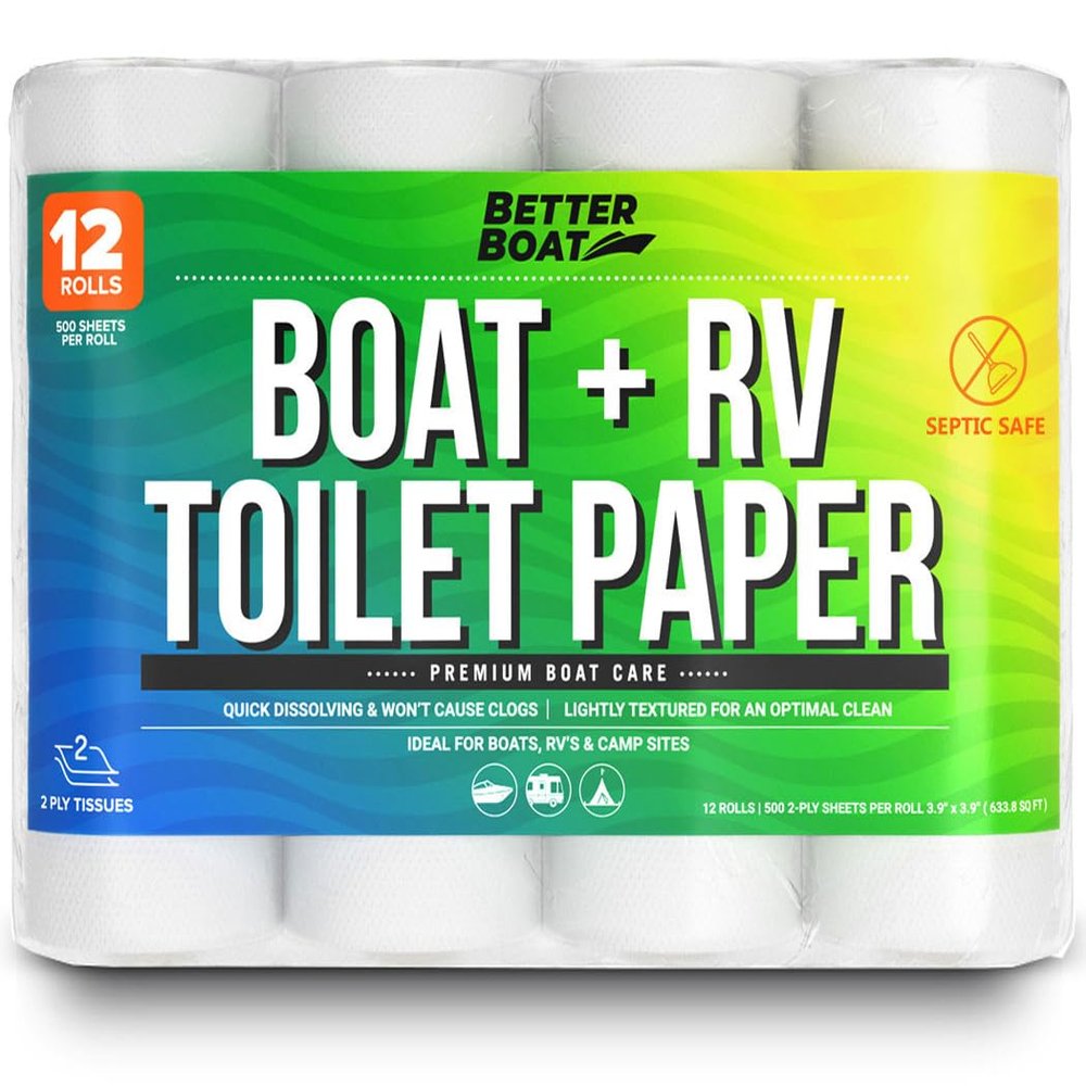 RV Toilet Paper 12 Rolls (500 Sheets Each) - Rapid Dissolving 2-Ply, Septic Safe for Camper & Marine, Individually Wrapped Camping Tissue - Better Boat