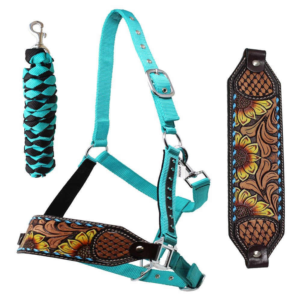 CHALLENGER Horse Noseband Tack Bronc Leather Halter Tiedown Lead Rope 280HR11