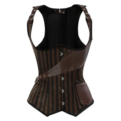 Grebrafan Tight Lace Striped Underbust Corset Top Steampunk (US(4-6) S, Brown)