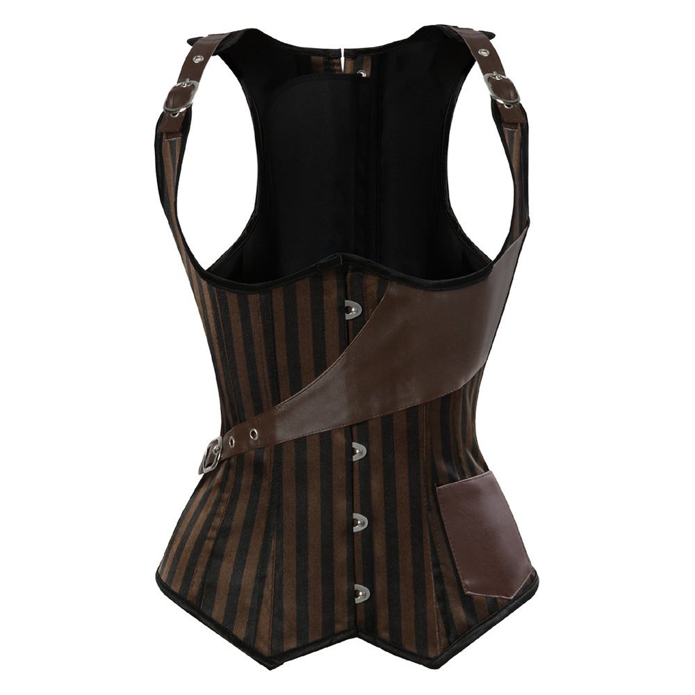 Grebrafan Tight Lace Striped Underbust Corset Top Steampunk (US(4-6) S, Brown)