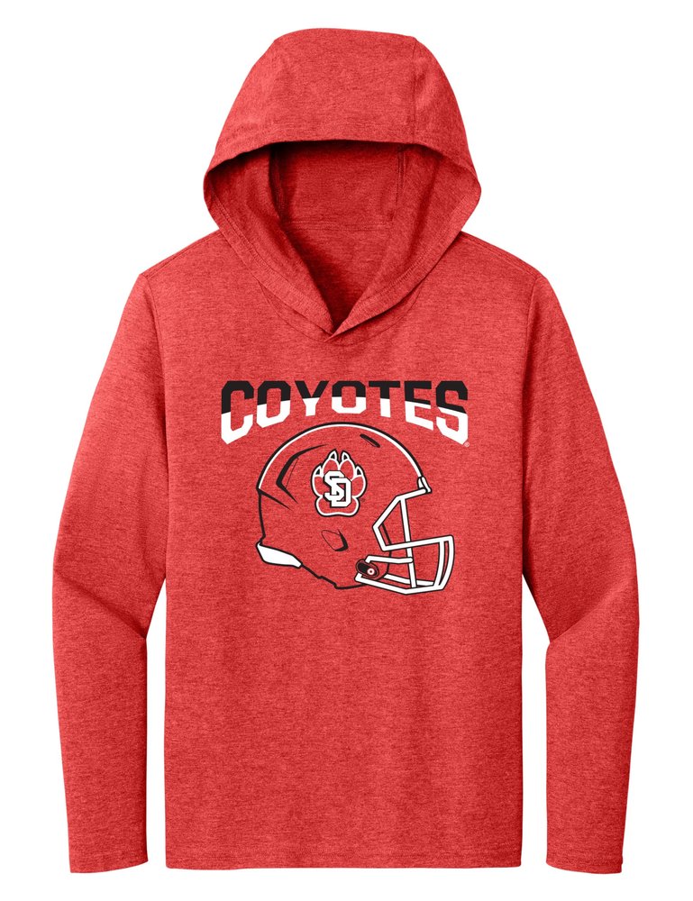 CornBorn South Dakota Coyotes Tee Shirt - Women's Long Sleeve Hooded Shirt USD Football Helmet - Red - Large