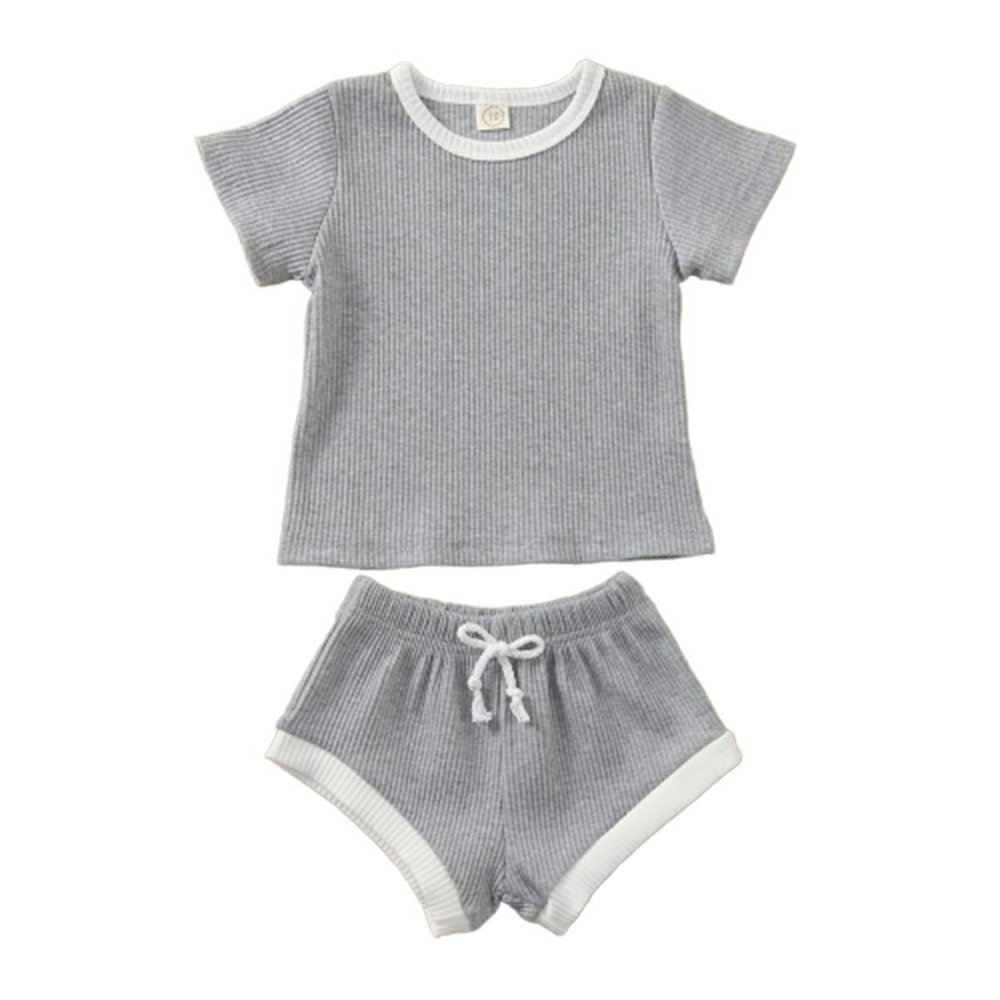 Newborn Infant Baby Girl Boy Clothes Short Sleeve T-Shirt Tops and Shorts Pants Solid Color Summer Outfit (A-Gray, 24-30 Months)