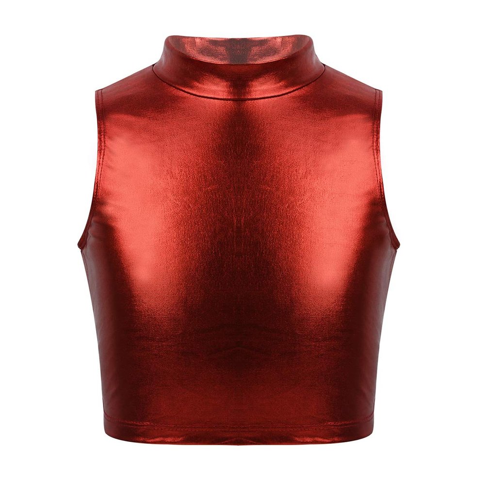 iiniim Girls Shiny Metallic Turtleneck Crop Tank Tops for Gymnastic Leotard Jazz Ballet Dance wear Costume Red 10