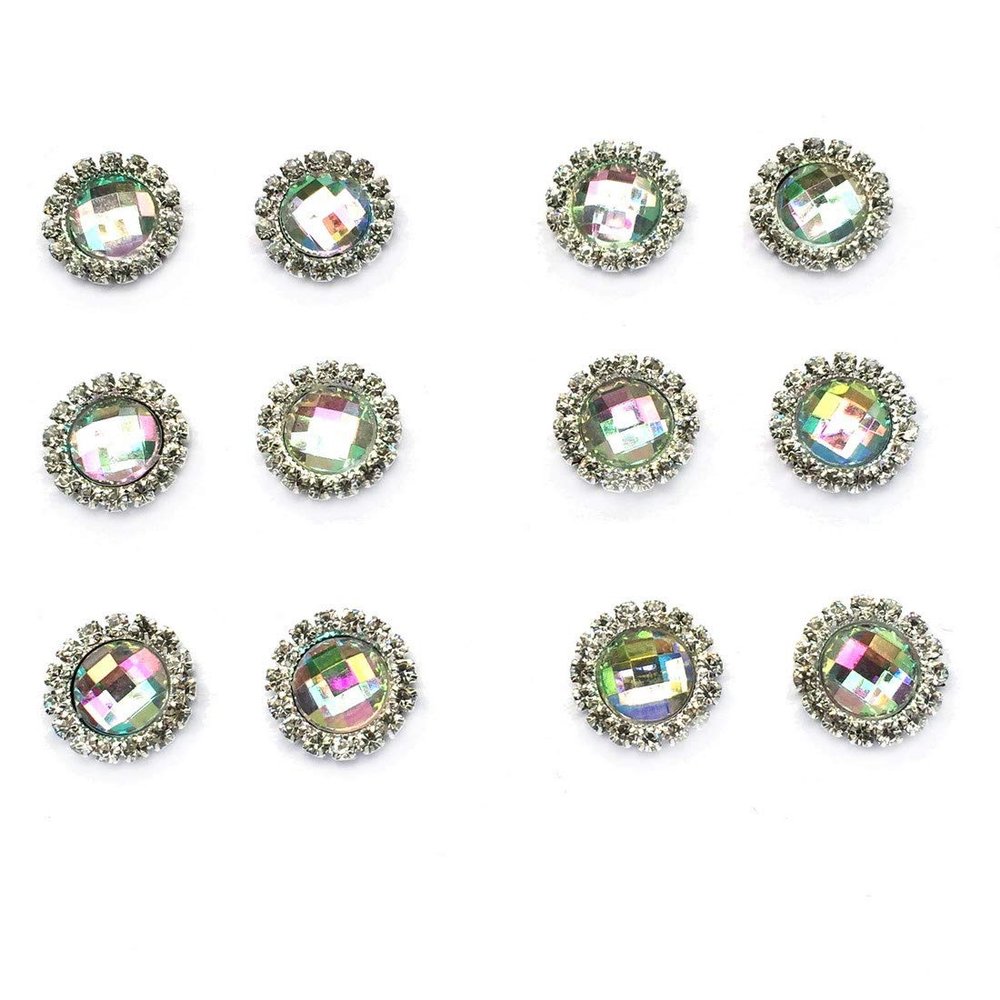 6pairs Pack 15mm Round Shaped Zircon Rhinestone Earrings Studs Set for Party Wedding Dance Competition Everyday Wear Silver Plated Jewelry Rainbow Clear Color