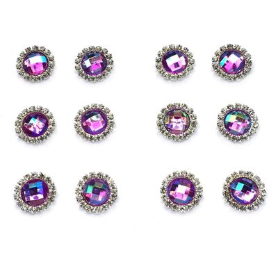 6pairs Pack 15mm Round Shaped Zircon Rhinestone Earrings Studs Set for Party Wedding Dance Competition Everyday Wear Silver Plated Jewelry Rainbow Violet Color