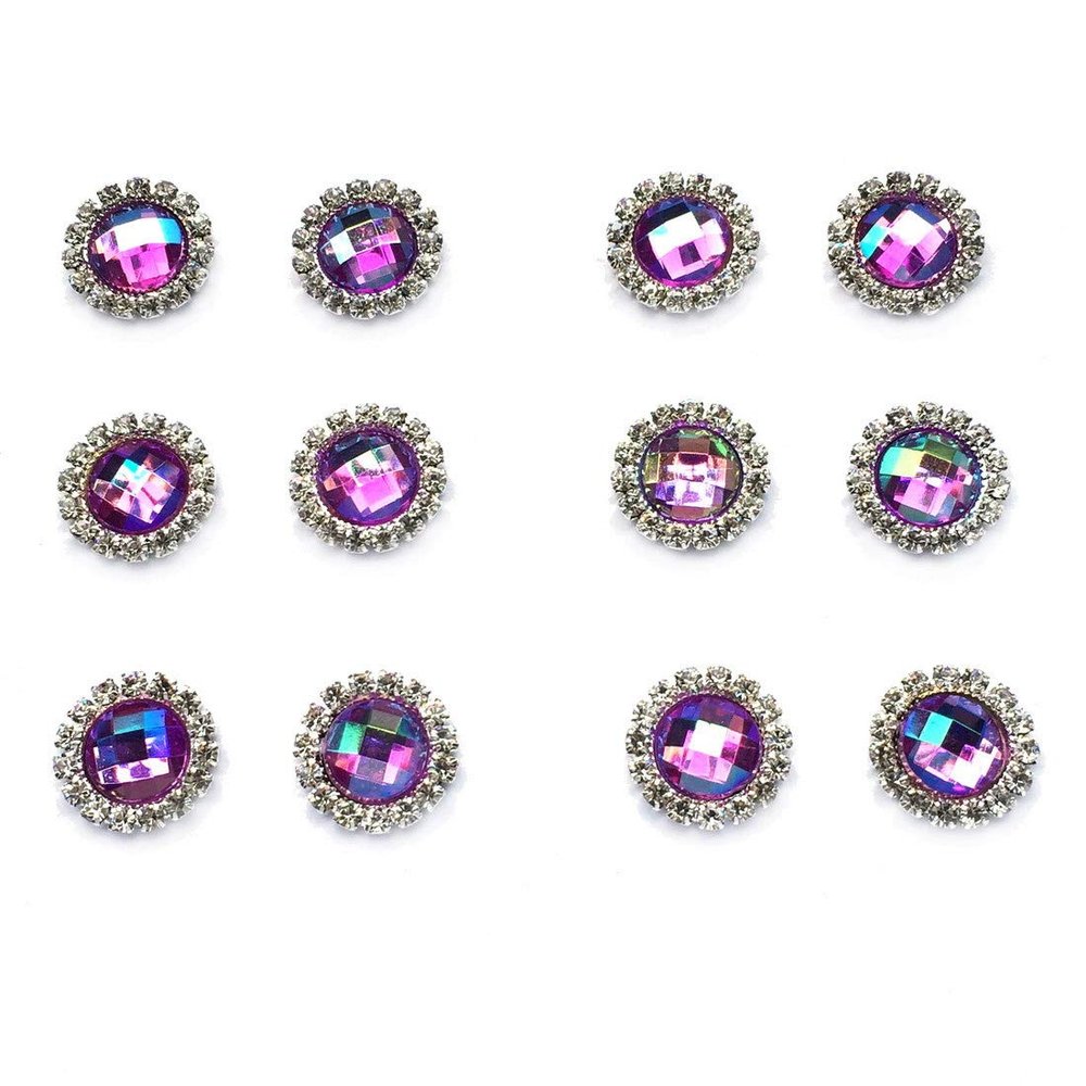 6pairs Pack 15mm Round Shaped Zircon Rhinestone Earrings Studs Set for Party Wedding Dance Competition Everyday Wear Silver Plated Jewelry Rainbow Violet Color