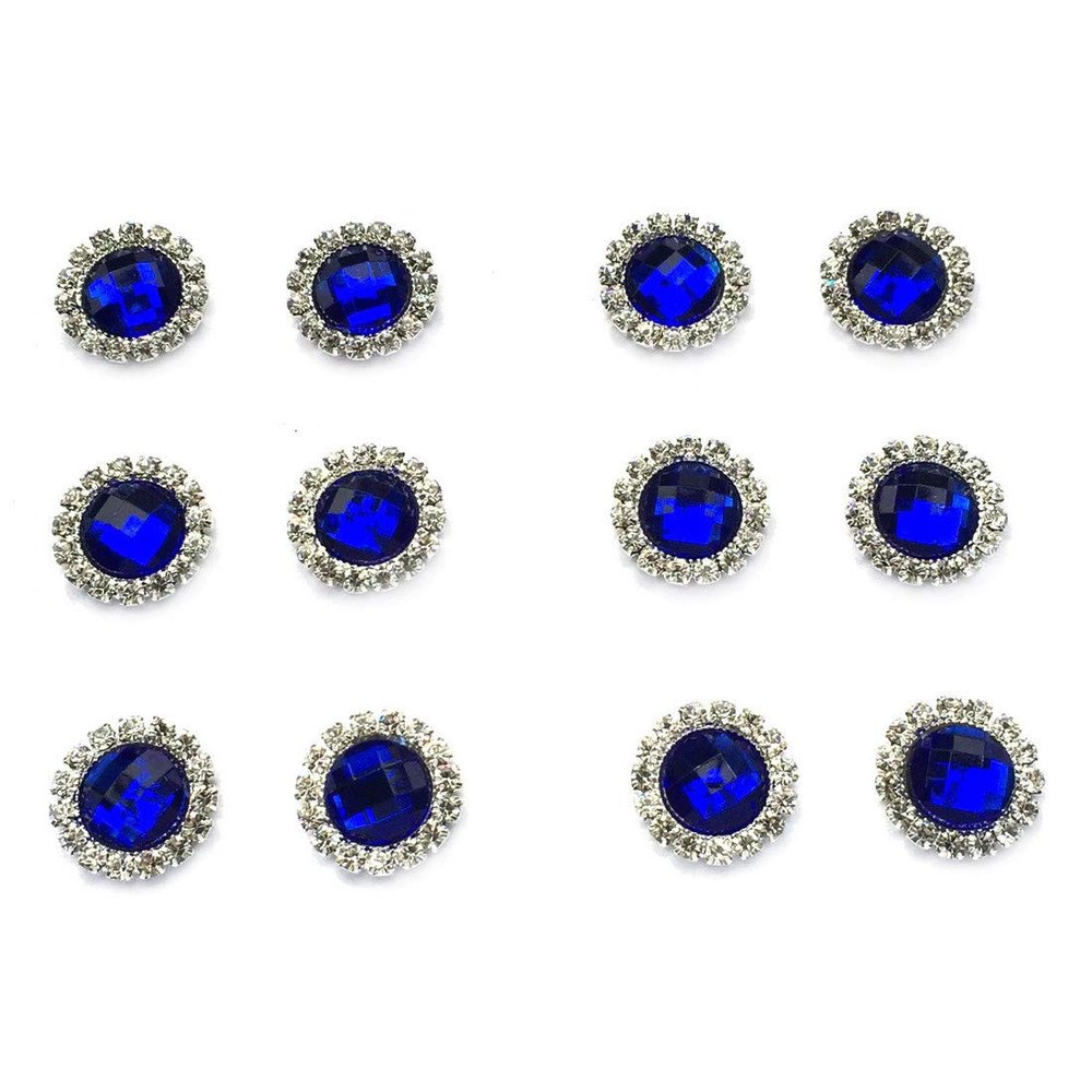 6pairs Pack 15mm Round Shaped Zircon Rhinestone Earrings Studs Set for Party Wedding Dance Competition Everyday Wear Silver Plated Jewelry Sapphire Color