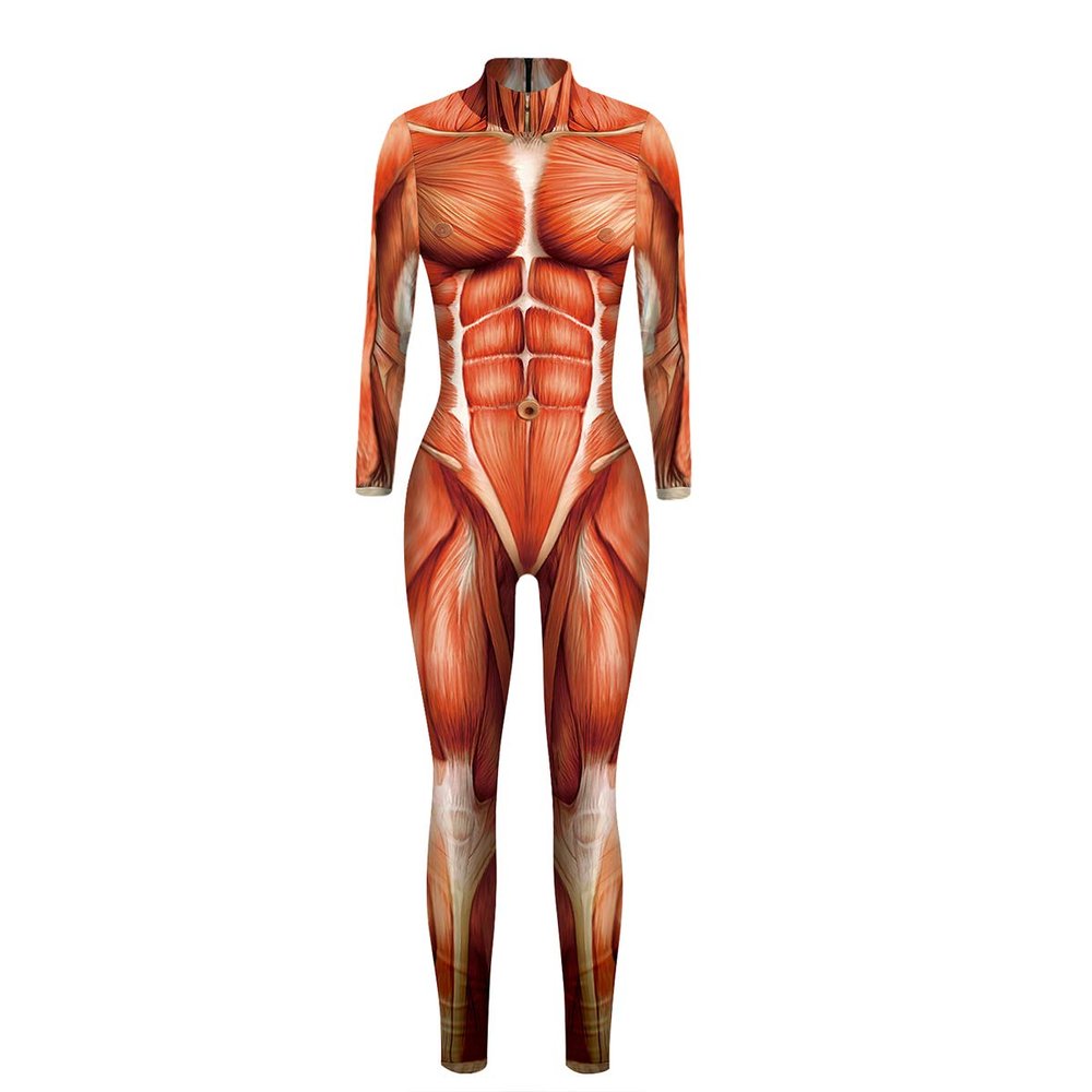 Women Halloween 3D Skull Skeleton Print Costume Skinny Catsuit Stretch Jumpsuit Bodysuit (X-Large, Muscle Jumpsuit)
