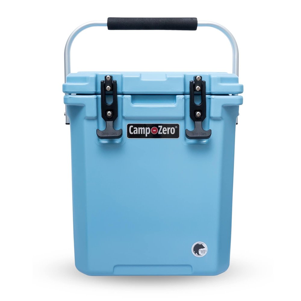 CAMP-ZERO 16L Tall Cooler/Ice Chest with 2 Molded-in Cup Holders & Folding Aluminum Handle | Thick Walled, Freezer Grade Cooler with Secure Locking System & Removable Divider (Sky Blue)