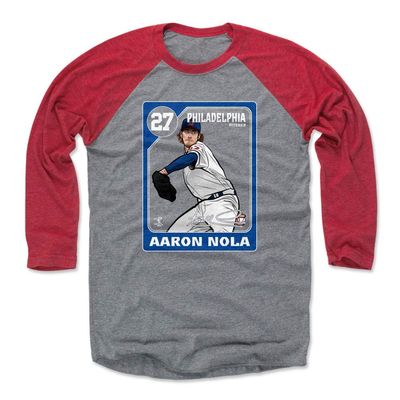 500 LEVEL Aaron Nola 3/4 Sleeve T-Shirt (Baseball Tee, XXX-Large, Red/Heather Gray) - Aaron Nola Card WHT