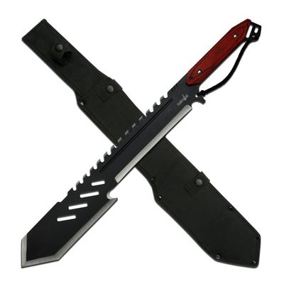 Survivor - Fixed Blade Machete - Black and Satin Finish Stainless Steel Blade with Sawback, Brown Wood Handle, Full Tang, Nylon Sheath - Hunting, Camping, Survival - SV-MHT004BK