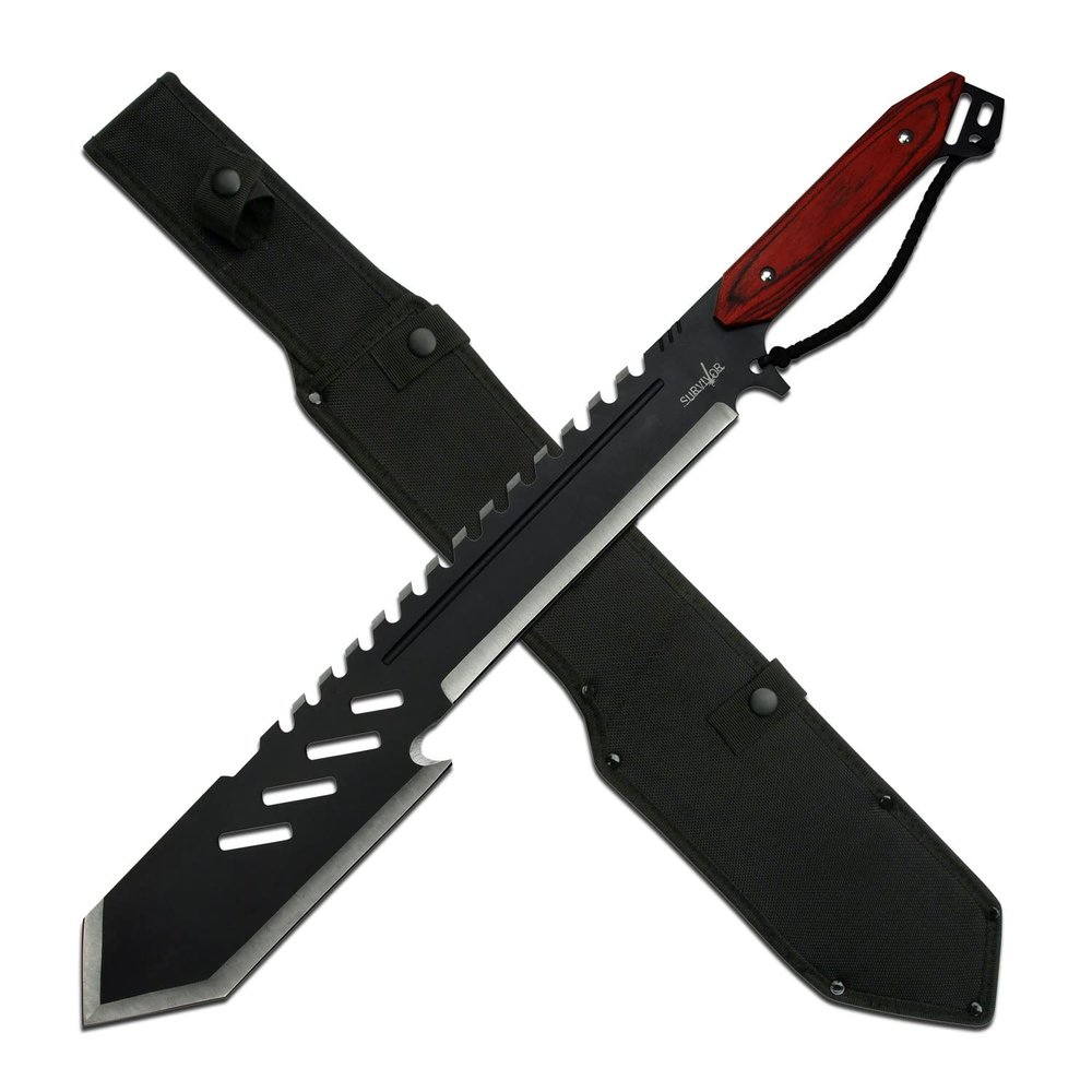 Survivor - Fixed Blade Machete - Black and Satin Finish Stainless Steel Blade with Sawback, Brown Wood Handle, Full Tang, Nylon Sheath - Hunting, Camping, Survival - SV-MHT004BK