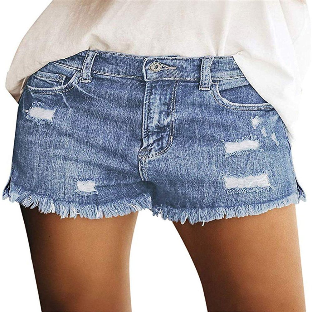onlypuff Ladies Denim Shorts Ripped Light Blue Mid Waisted Shorts Stretchy XL