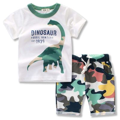 ACESTAR Toddler Boys Summer Cotton Clothes Sets Short Sleeve Tee Shirt and Short Set Kids Cartoon Dinosaur Printing Clothing Sets for Boy, Colorfull Dinosaur 5T