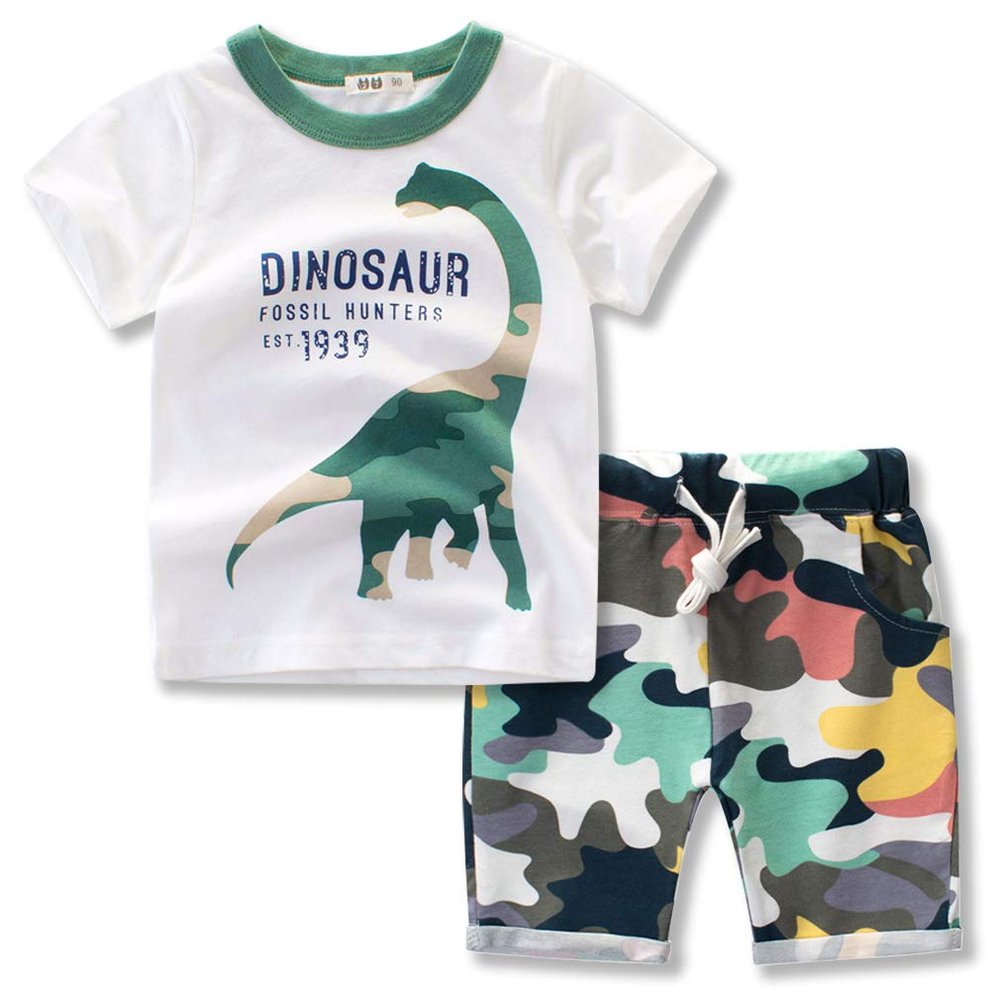 ACESTAR Toddler Boys Summer Cotton Clothes Sets Short Sleeve Tee Shirt and Short Set Kids Cartoon Dinosaur Printing Clothing Sets for Boy, Colorfull Dinosaur 5T
