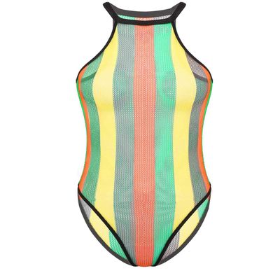 Agoky Women Rave Rainbow Striped Swimsuit Bikini See Through Mesh Thong Bodysuit for Dance Festivals Black Large
