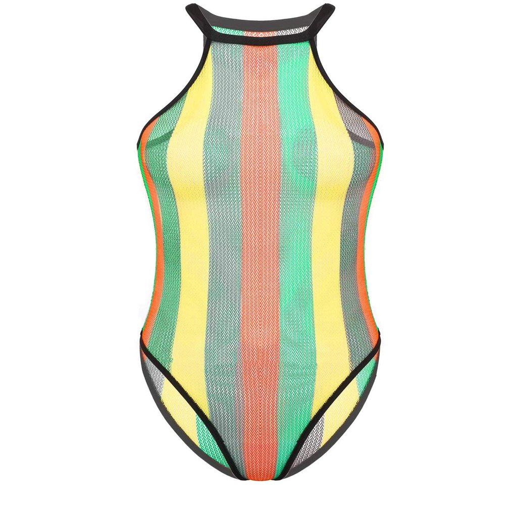 Agoky Women Rave Rainbow Striped Swimsuit Bikini See Through Mesh Thong Bodysuit for Dance Festivals Black Large
