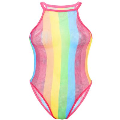 Agoky Women Rave Rainbow Striped Swimsuit Bikini See Through Mesh Thong Bodysuit for Dance Festivals Pink X-Large