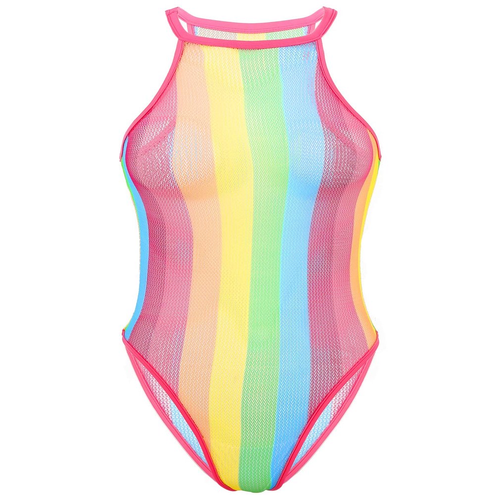Agoky Women Rave Rainbow Striped Swimsuit Bikini See Through Mesh Thong Bodysuit for Dance Festivals Pink X-Large