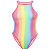 Agoky Women Rave Rainbow Striped Swimsuit Bikini See Through Mesh Thong Bodysuit for Dance Festivals Pink X-Large view 1