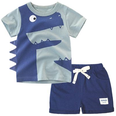 ACESTAR Toddler Boys Summer Cotton Clothes Sets Short Sleeve Tee Shirt and Short Set Kids Cartoon Dinosaur Printing Clothing Sets for Boy, Gray Dinosaur 5T