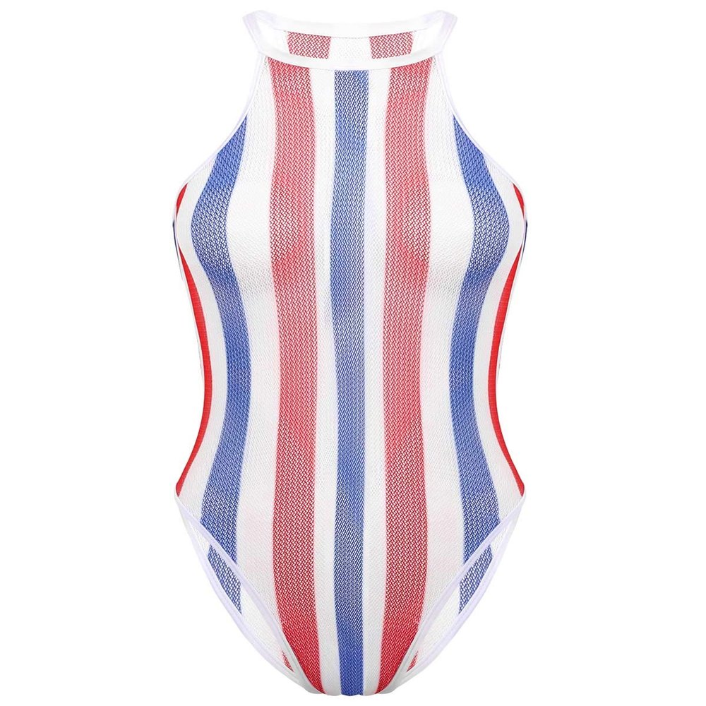Agoky Women Rave Rainbow Striped Swimsuit Bikini See Through Mesh Thong Bodysuit for Dance Festivals White Medium
