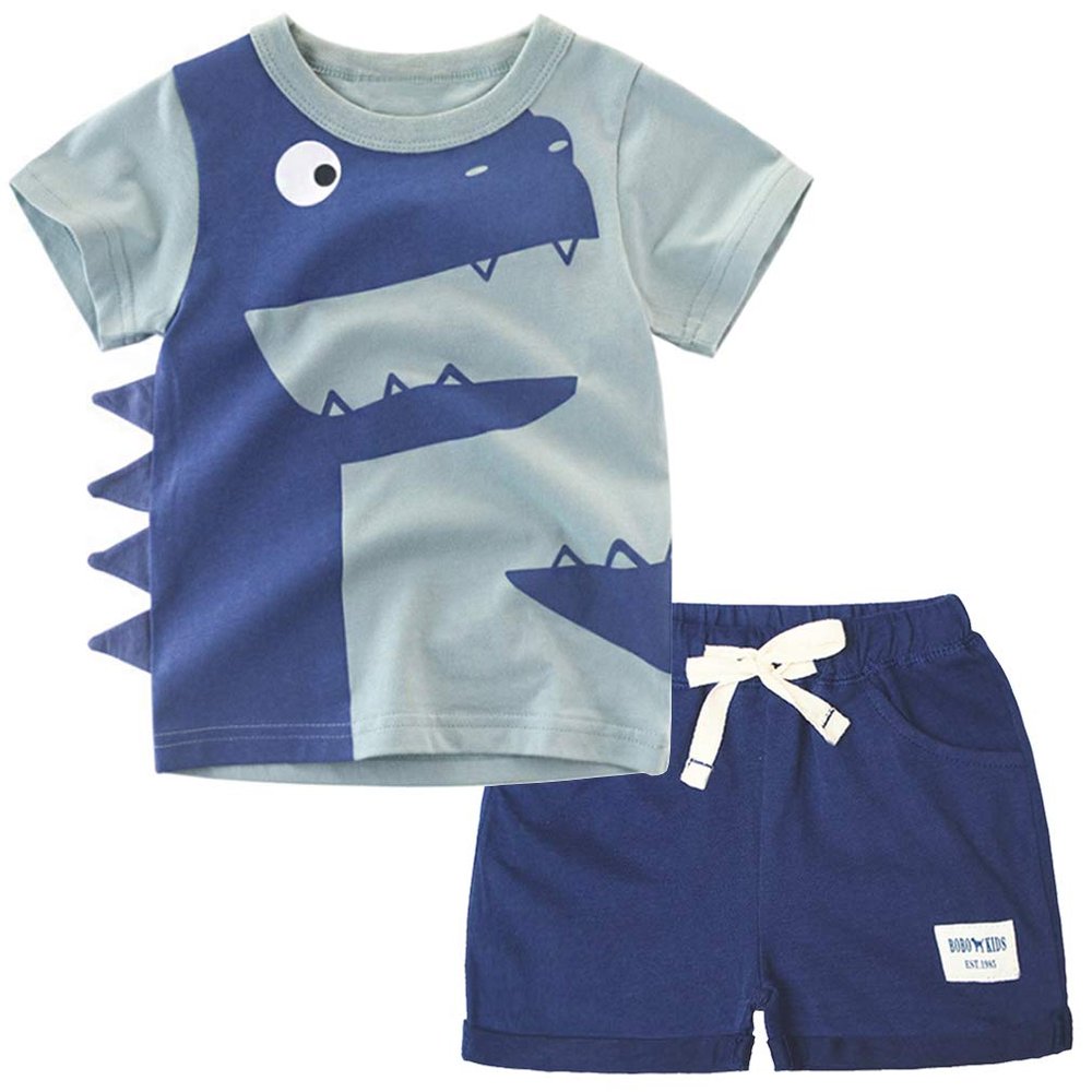 ACESTAR Toddler Boys Summer Cotton Clothes Sets Short Sleeve Tee Shirt and Short Set Kids Cartoon Dinosaur Printing Clothing Sets for Boy, Gray Dinosaur 3T