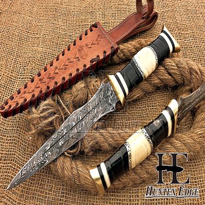 HUNTEX Unique Custom Handmade Hand Forged Flame Pattern Damascus Steel 12 Inch Long Full Tang Camel Bone/Buffalo Horn Handle Razor Sharp Hunting Camping Dagger Knife with Genuine Leather Sheath