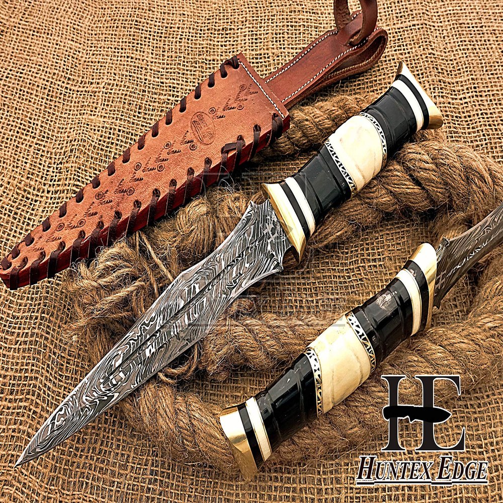 HUNTEX Unique Custom Handmade Hand Forged Flame Pattern Damascus Steel 12 Inch Long Full Tang Camel Bone/Buffalo Horn Handle Razor Sharp Hunting Camping Dagger Knife with Genuine Leather Sheath