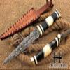 HUNTEX Unique Custom Handmade Hand Forged Flame Pattern Damascus Steel 12 Inch Long Full Tang Camel Bone/Buffalo Horn Handle Razor Sharp Hunting Camping Dagger Knife with Genuine Leather Sheath view 1