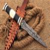 HUNTEX Unique Custom Handmade Hand Forged Flame Pattern Damascus Steel 12 Inch Long Full Tang Camel Bone/Buffalo Horn Handle Razor Sharp Hunting Camping Dagger Knife with Genuine Leather Sheath view 2