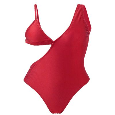 EaGo Women One Piece Swimsuit High Neck Solid Color Printing Ruched Monokini Swimwear Red