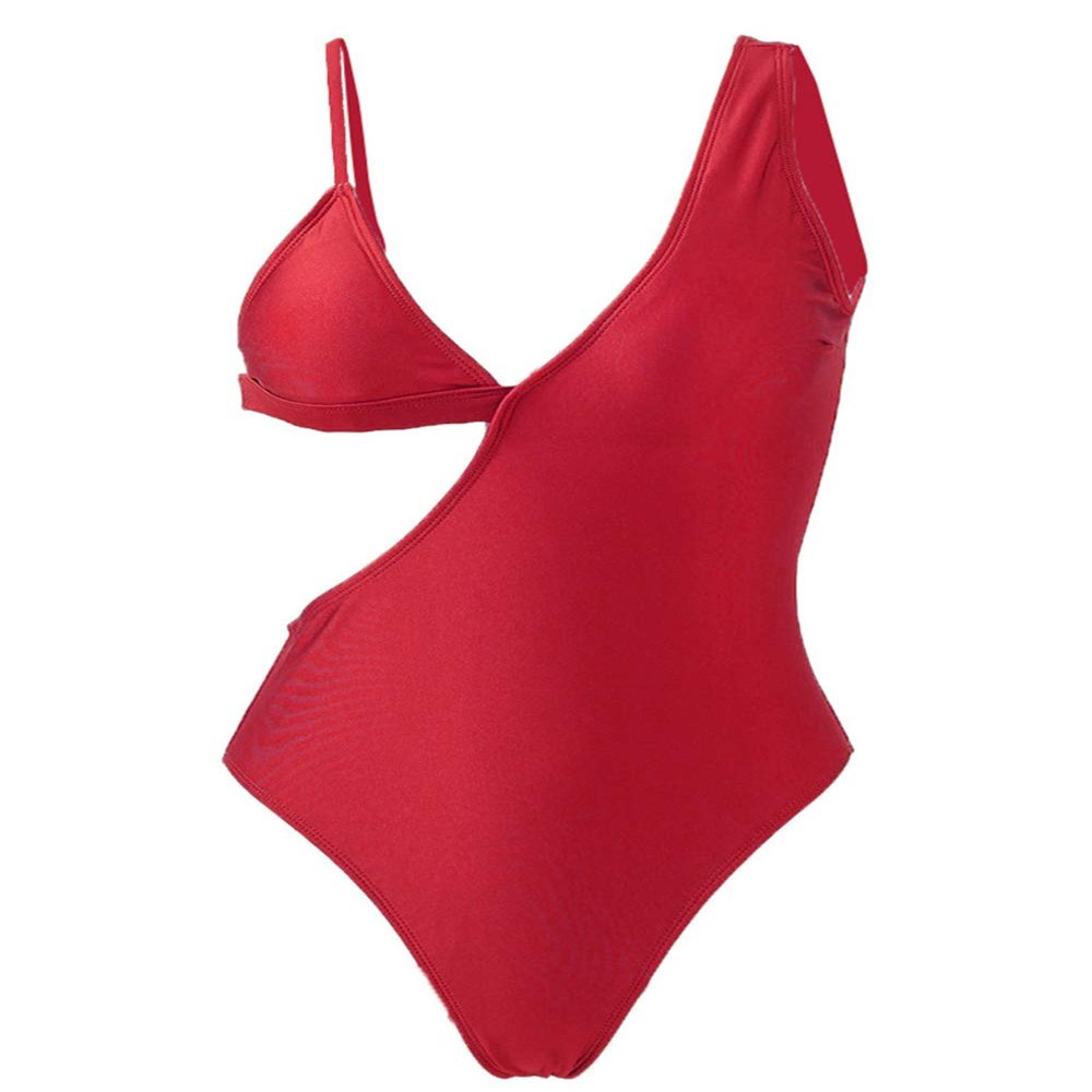 EaGo Women One Piece Swimsuit High Neck Solid Color Printing Ruched Monokini Swimwear Red