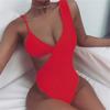 EaGo Women One Piece Swimsuit High Neck Solid Color Printing Ruched Monokini Swimwear Red view 2